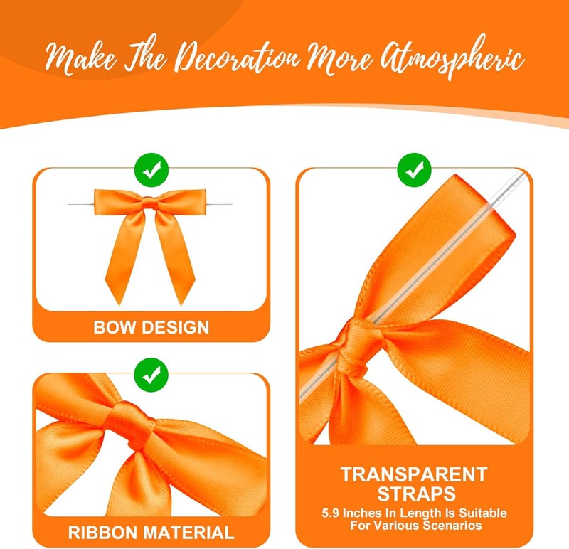 Sokfone Satin Ribbon Orange Bow Decor 2.5" Premade Orange Twist Tie Bows for Gift Wrapping Bow for Treat Bags Party Favors Wedding Decorations - 50 Counts - Image 4